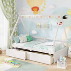 Cadre de lit cabane double blanc/gris avec 2 tiroirs, pour 1 enfant