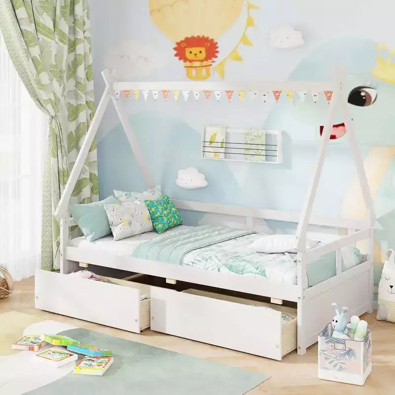 Cadre de lit cabane double blanc/gris avec 2 tiroirs, pour 1 enfant