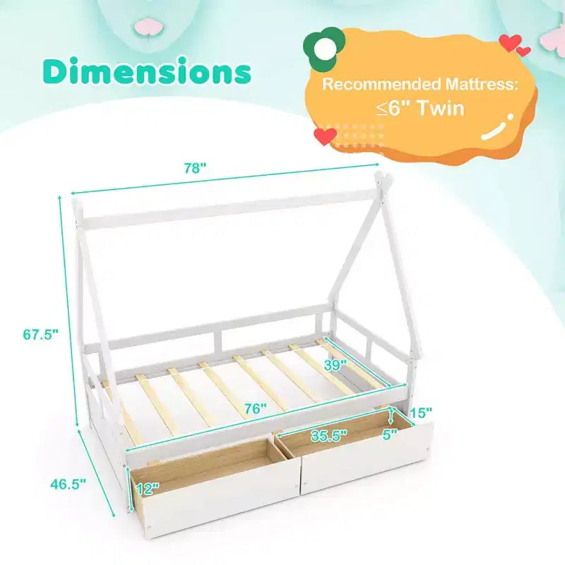 Cadre de lit cabane double blanc/gris avec 2 tiroirs, pour 1 enfant
