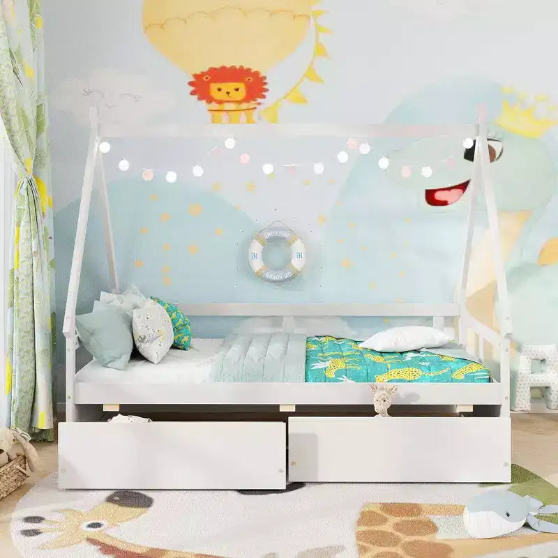Cadre de lit cabane double blanc/gris avec 2 tiroirs, pour 1 enfant