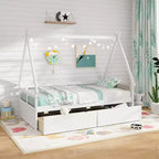 Cadre de lit cabane double blanc/gris avec 2 tiroirs, pour 1 enfant
