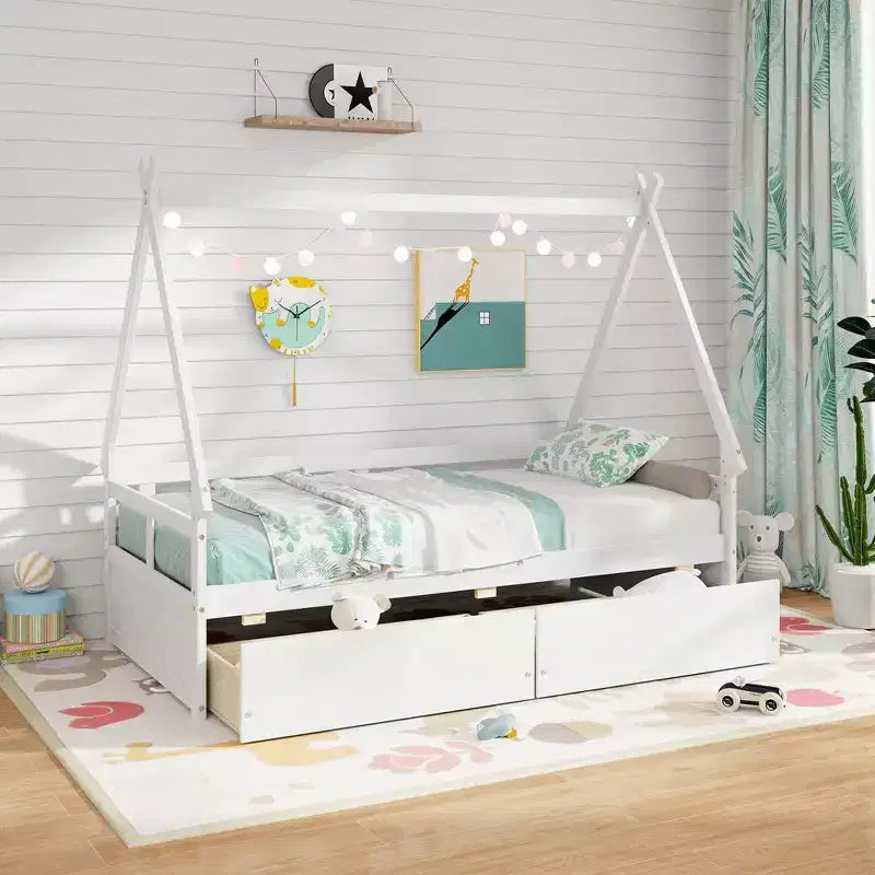 Cadre de lit cabane double blanc/gris avec 2 tiroirs, pour 1 enfant