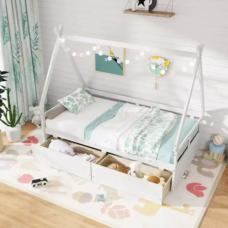 Cadre de lit cabane double blanc/gris avec 2 tiroirs, pour 1 enfant