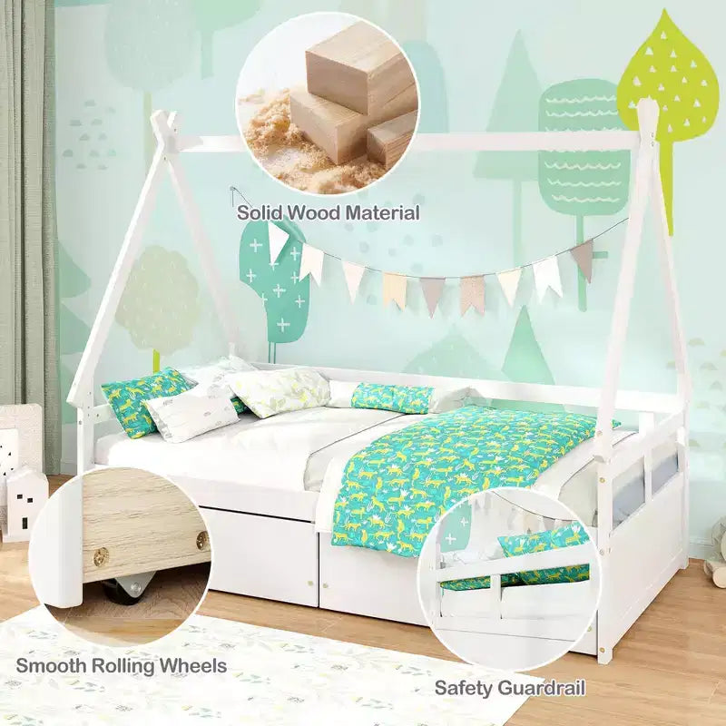 Cadre de lit cabane double blanc/gris avec 2 tiroirs, pour 1 enfant