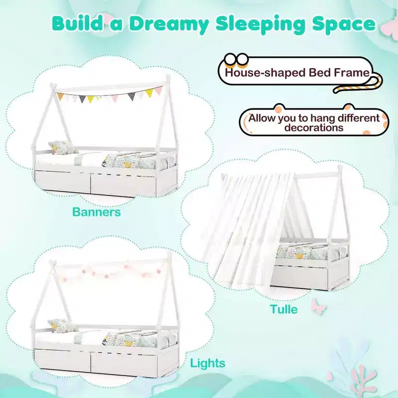 Cadre de lit cabane double blanc/gris avec 2 tiroirs, pour 1 enfant