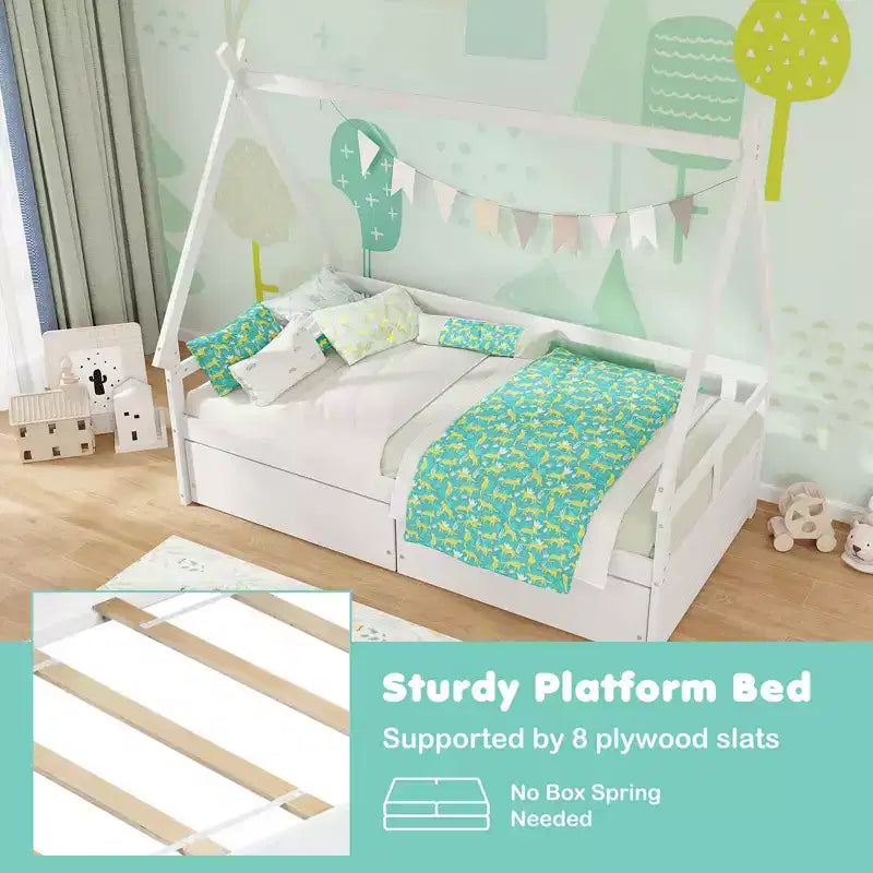 Cadre de lit cabane double blanc/gris avec 2 tiroirs, pour 1 enfant