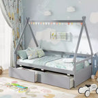 Cadre de lit cabane double blanc/gris avec 2 tiroirs, pour 1 enfant