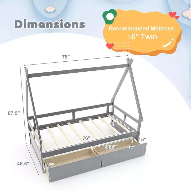 Cadre de lit cabane double blanc/gris avec 2 tiroirs, pour 1 enfant