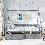 Cadre de lit cabane double blanc/gris avec 2 tiroirs, pour 1 enfant
