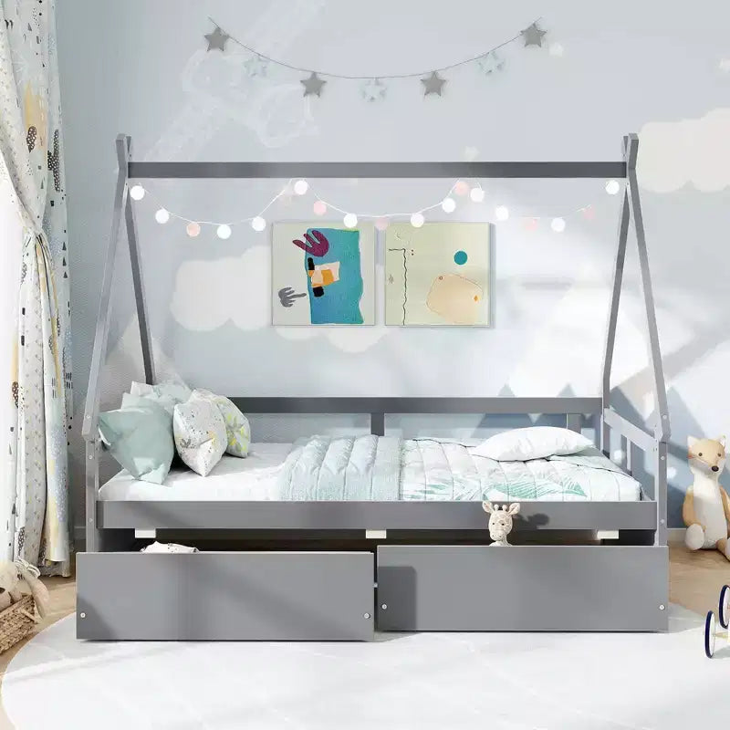 Cadre de lit cabane double blanc/gris avec 2 tiroirs, pour 1 enfant
