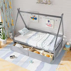 Cadre de lit cabane double blanc/gris avec 2 tiroirs, pour 1 enfant