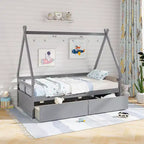 Cadre de lit cabane double blanc/gris avec 2 tiroirs, pour 1 enfant