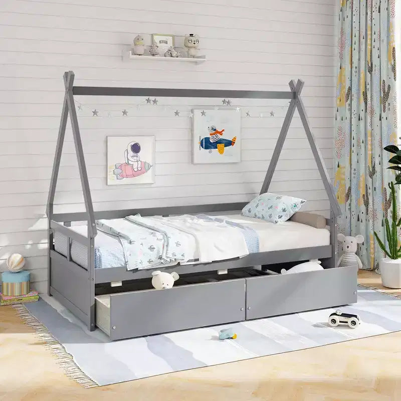 Cadre de lit cabane double blanc/gris avec 2 tiroirs, pour 1 enfant