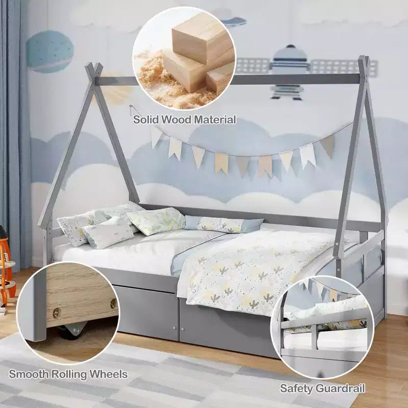 Cadre de lit cabane double blanc/gris avec 2 tiroirs, pour 1 enfant