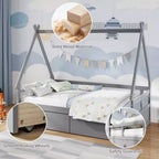 Cadre de lit cabane double blanc/gris avec 2 tiroirs, pour 1 enfant