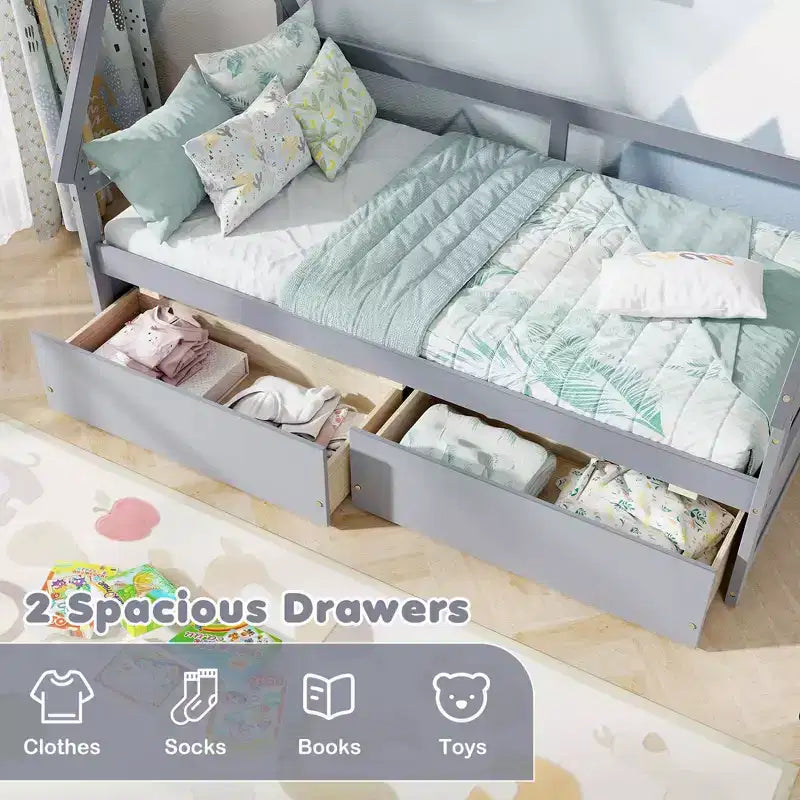 Cadre de lit cabane double blanc/gris avec 2 tiroirs, pour 1 enfant