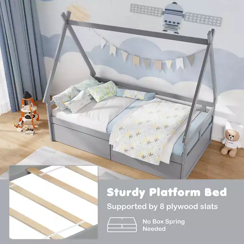 Cadre de lit cabane double blanc/gris avec 2 tiroirs, pour 1 enfant