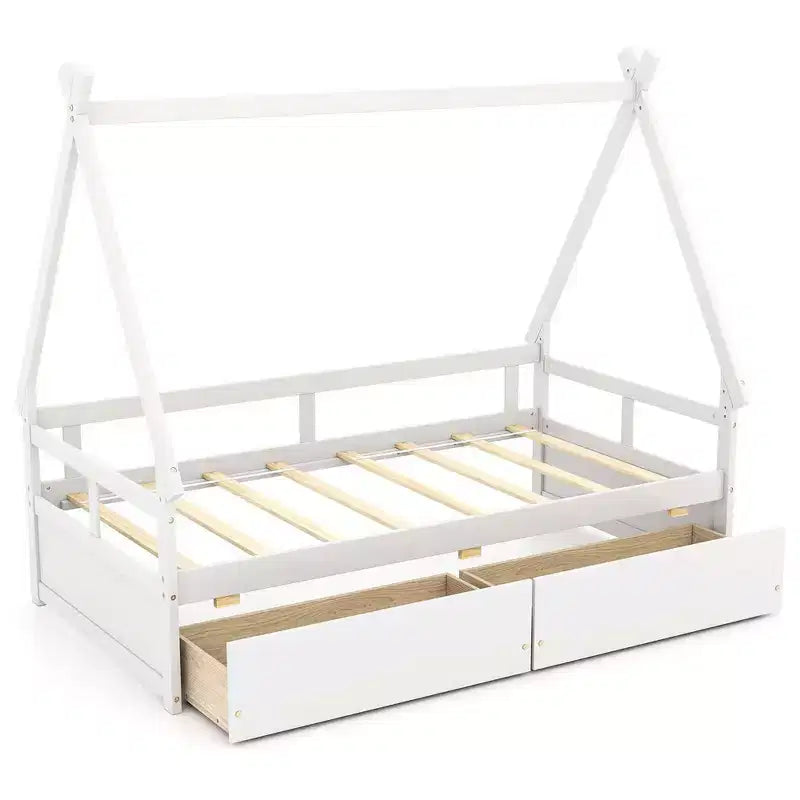 Cadre de lit cabane double blanc/gris avec 2 tiroirs, pour 1 enfant