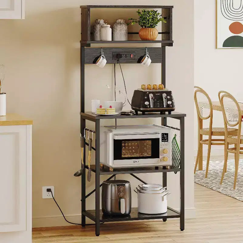 Étagère de boulanger à 5 niveaux industrielle noire/marron avec prise de courant