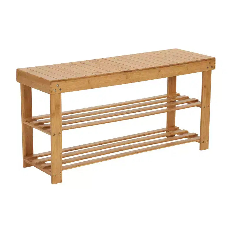 2-Shelf Bamboo Bench, Slatted Bench Seat with Storage Shelves, Sturdy, Lightweight, Versatile and Stylish, Natural