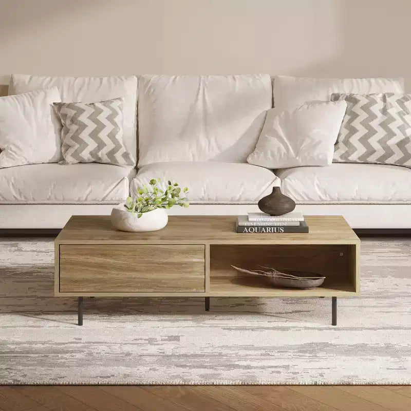Table basse rectangulaire marron avec tiroir et étagère, assemblage par 1 personne, piètement à 4 pieds