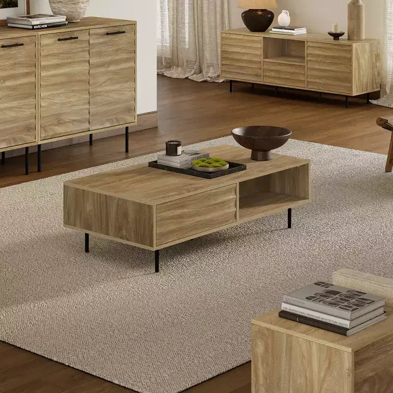 Table basse rectangulaire marron avec tiroir et étagère, assemblage par 1 personne, piètement à 4 pieds
