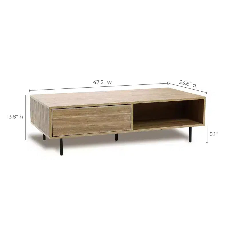 Table basse rectangulaire marron avec tiroir et étagère, assemblage par 1 personne, piètement à 4 pieds
