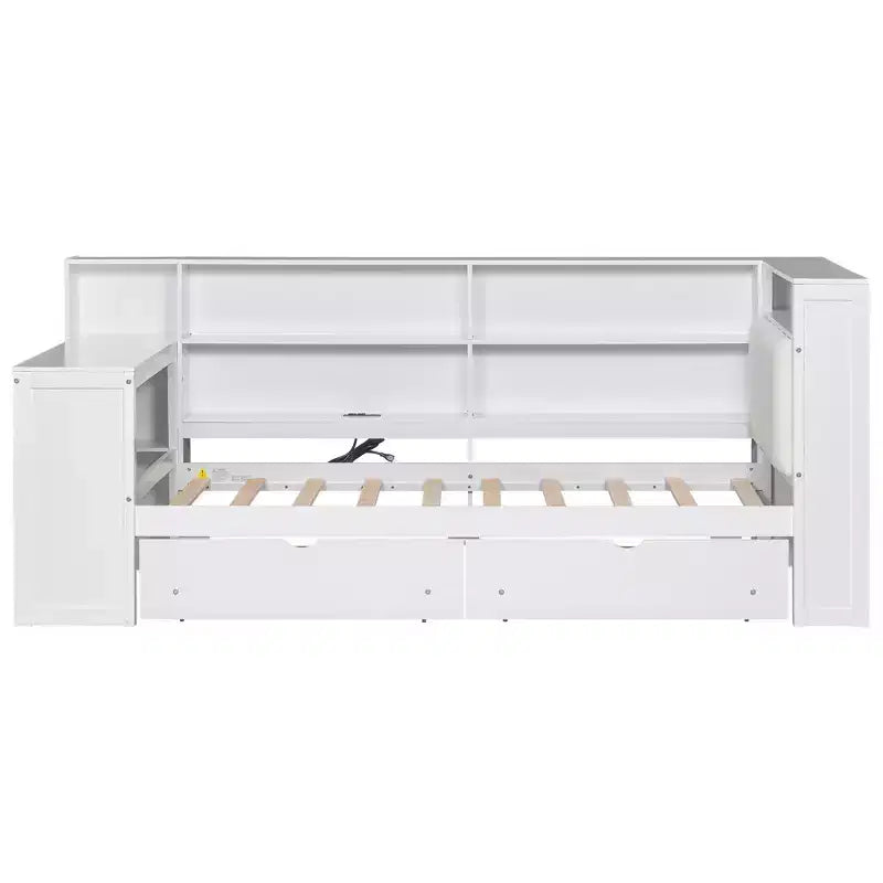 Lit d'angle beige/gris avec rangement, LED et bureau – Lit simple/double, 1 personne