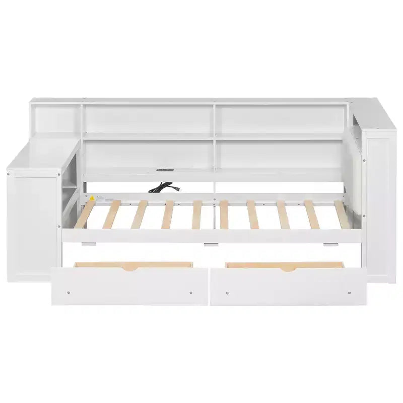 Lit d'angle beige/gris avec rangement, LED et bureau – Lit simple/double, 1 personne
