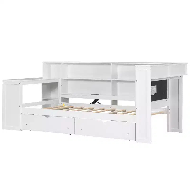 Lit d'angle beige/gris avec rangement, LED et bureau – Lit simple/double, 1 personne