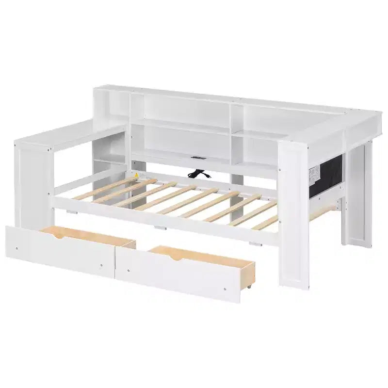 Lit d'angle beige/gris avec rangement, LED et bureau – Lit simple/double, 1 personne