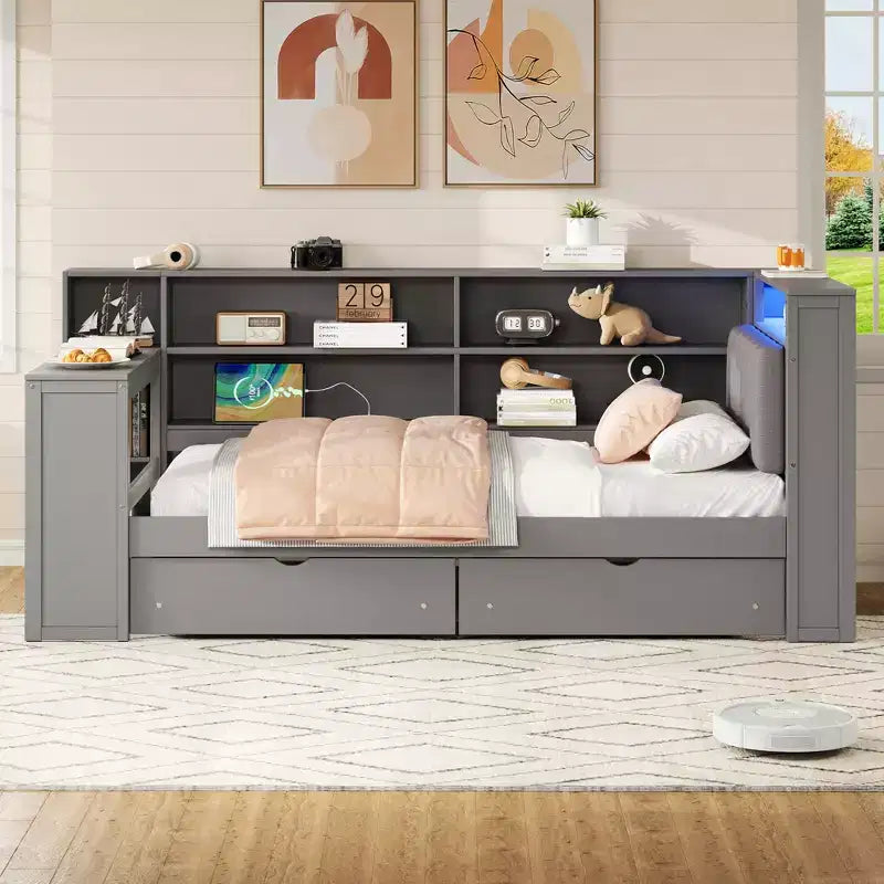 Lit d'angle beige/gris avec rangement, LED et bureau – Lit simple/double, 1 personne