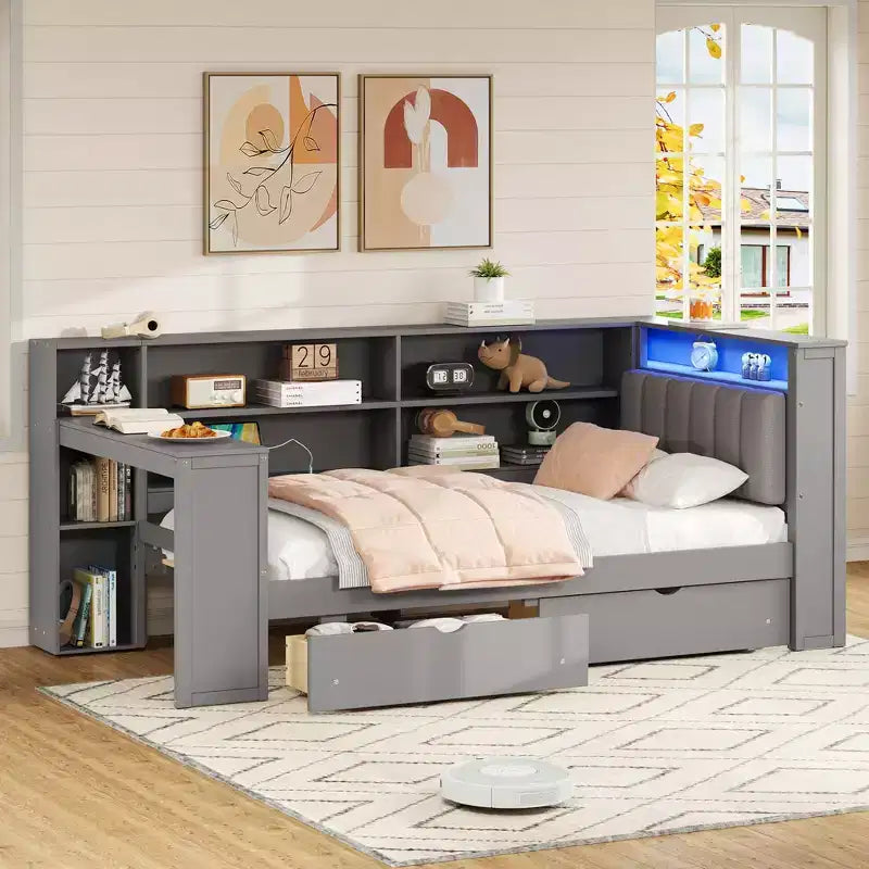Lit d'angle beige/gris avec rangement, LED et bureau – Lit simple/double, 1 personne