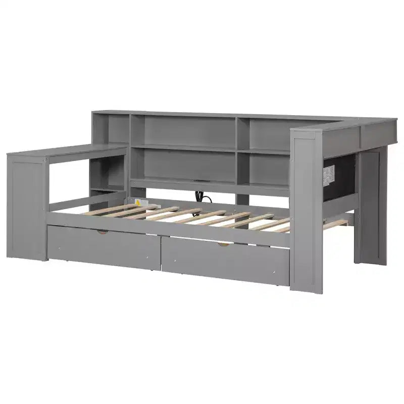 Lit d'angle beige/gris avec rangement, LED et bureau – Lit simple/double, 1 personne