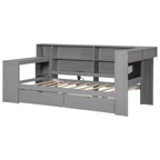 Lit d'angle beige/gris avec rangement, LED et bureau – Lit simple/double, 1 personne
