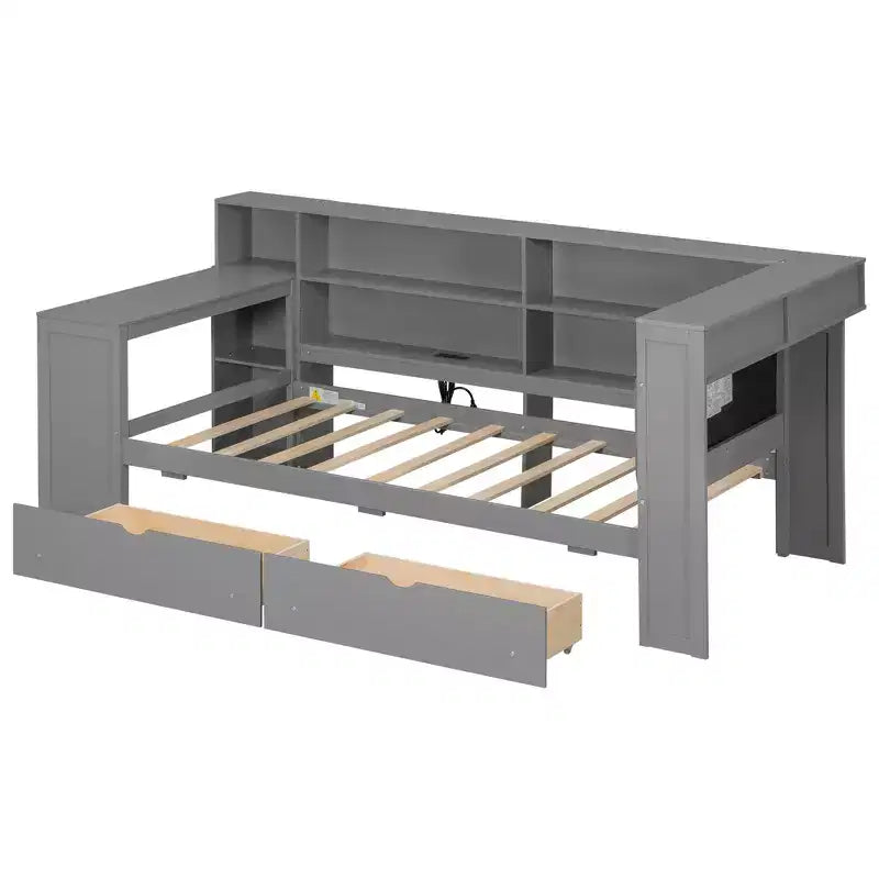 Lit d'angle beige/gris avec rangement, LED et bureau – Lit simple/double, 1 personne