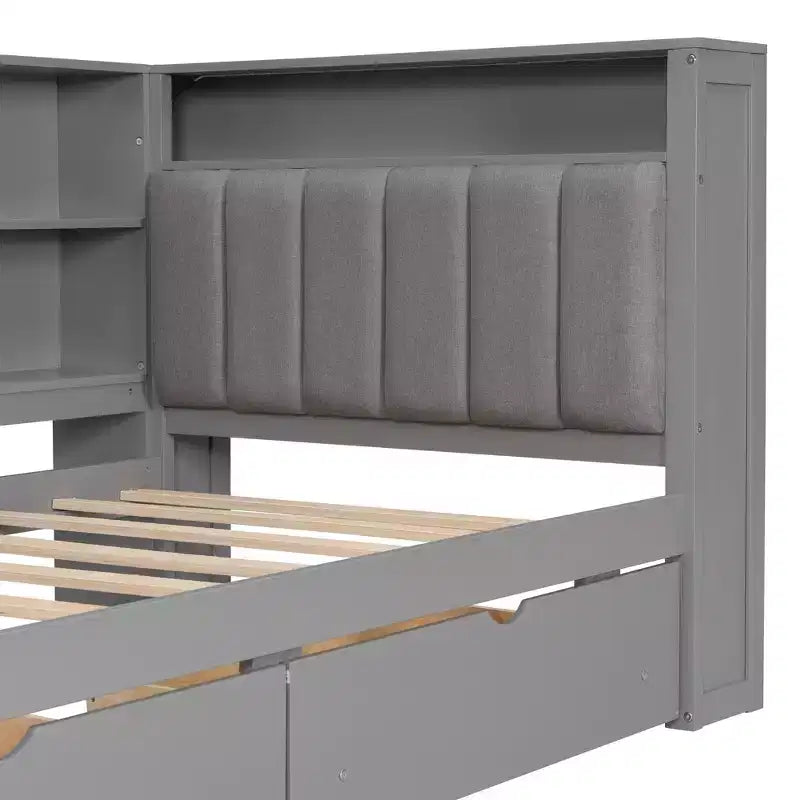 Lit d'angle beige/gris avec rangement, LED et bureau – Lit simple/double, 1 personne