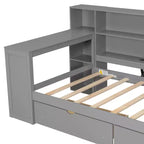Lit d'angle beige/gris avec rangement, LED et bureau – Lit simple/double, 1 personne