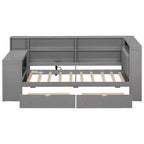 Lit d'angle beige/gris avec rangement, LED et bureau – Lit simple/double, 1 personne