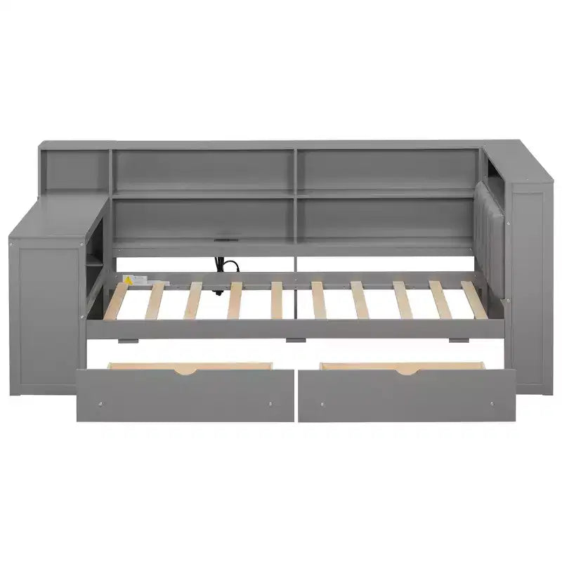Lit d'angle beige/gris avec rangement, LED et bureau – Lit simple/double, 1 personne