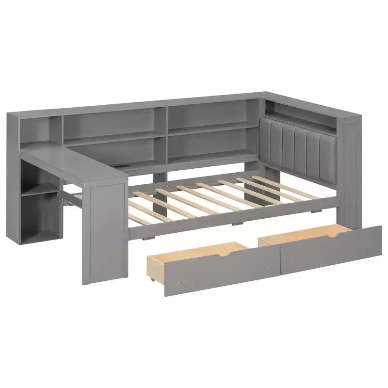 Lit d'angle beige/gris avec rangement, LED et bureau – Lit simple/double, 1 personne