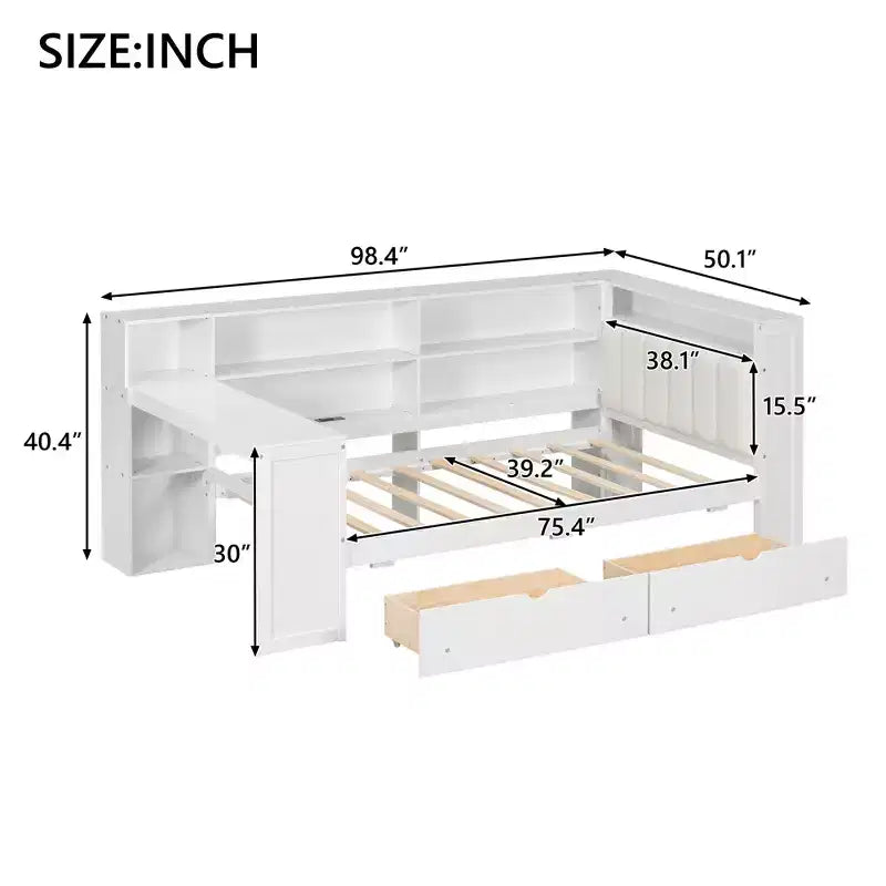 Lit d'angle beige/gris avec rangement, LED et bureau – Lit simple/double, 1 personne