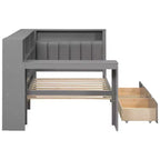 Lit d'angle beige/gris avec rangement, LED et bureau – Lit simple/double, 1 personne