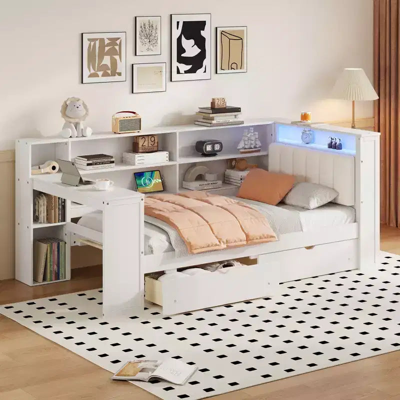 Lit d'angle beige/gris avec rangement, LED et bureau – Lit simple/double, 1 personne