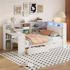 Lit d'angle beige/gris avec rangement, LED et bureau – Lit simple/double, 1 personne