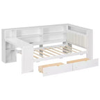 Lit d'angle beige/gris avec rangement, LED et bureau – Lit simple/double, 1 personne