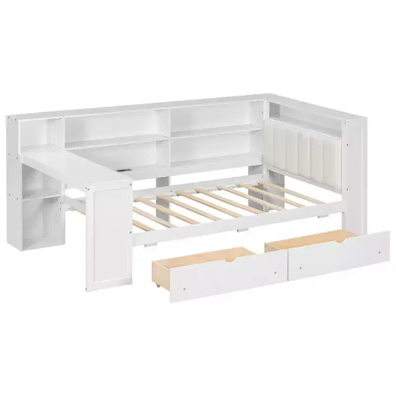 Lit d'angle beige/gris avec rangement, LED et bureau – Lit simple/double, 1 personne