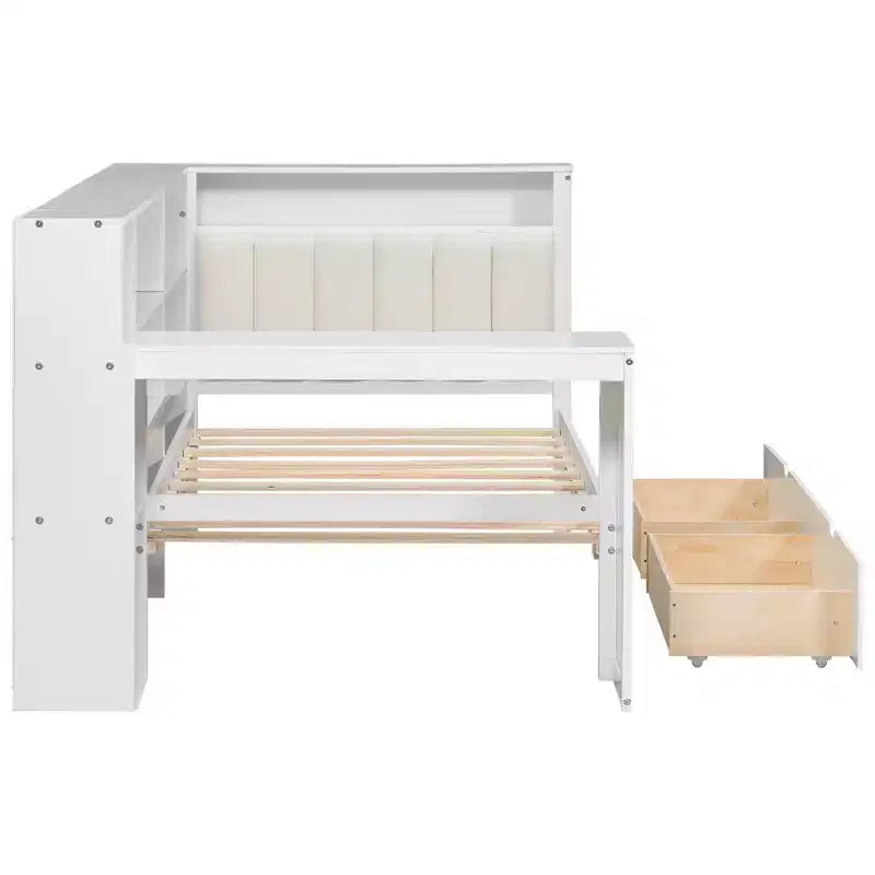 Lit d'angle beige/gris avec rangement, LED et bureau – Lit simple/double, 1 personne