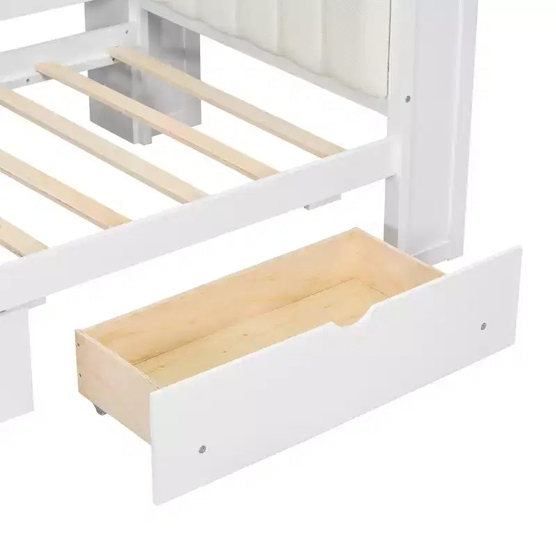 Lit d'angle beige/gris avec rangement, LED et bureau – Lit simple/double, 1 personne