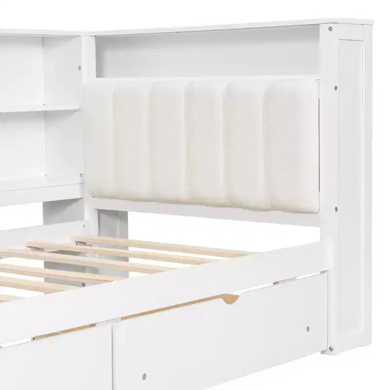 Lit d'angle beige/gris avec rangement, LED et bureau – Lit simple/double, 1 personne